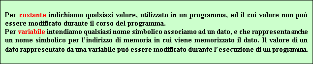 Casella di testo: Per costante indichiamo qualsiasi valore, utilizzato in un programma, ed il cui valore non pu essere modificato durante il corso del programma.
Per variabile intendiamo qualsiasi nome simbolico associamo ad un dato, e che rappresenta anche un nome simbolico per lindirizzo di memoria in cui viene memorizzato il dato. Il valore di un dato rappresentato da una variabile pu essere modificato durante lesecuzione di un programma.
