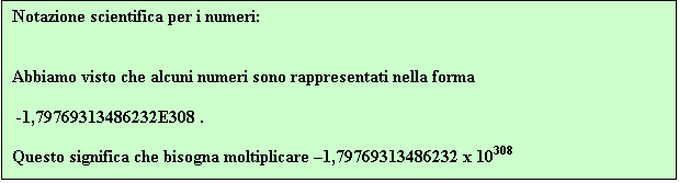 Casella di testo: Notazione scientifica per i numeri:


Abbiamo visto che alcuni numeri sono rappresentati nella forma
  
 -1,79769313486232E308 .

Questo significa che bisogna moltiplicare 1,79769313486232 x 10308

